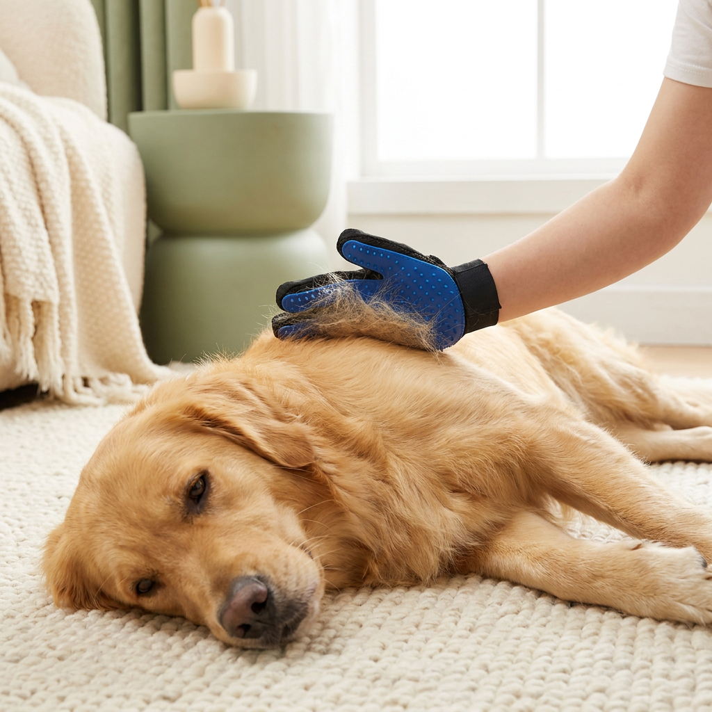 Cepillando a un golden retriever con el guante de silicona