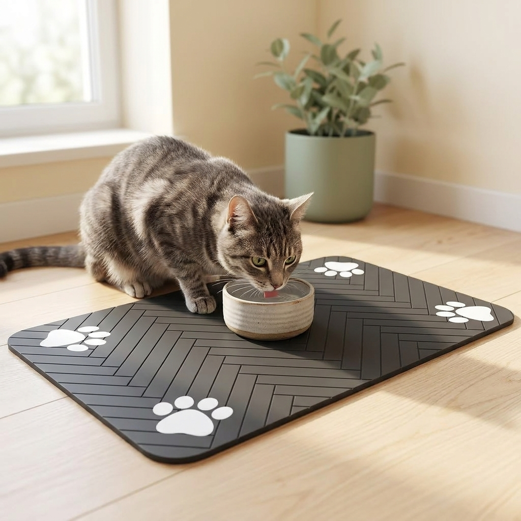 Gato bebiendo de un cuenco sobre la alfombrilla en la cocina