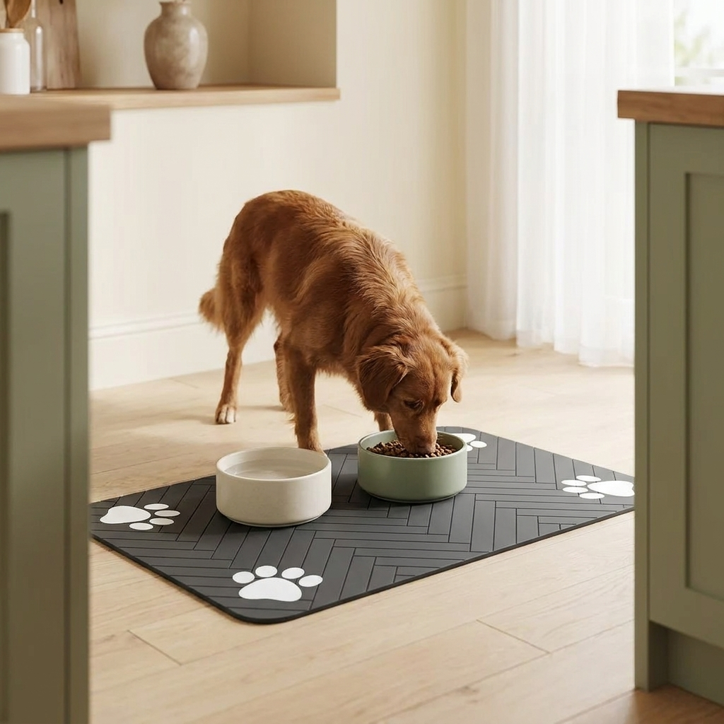 Perro comiendo sobre la alfombrilla en una cocina de madera clara