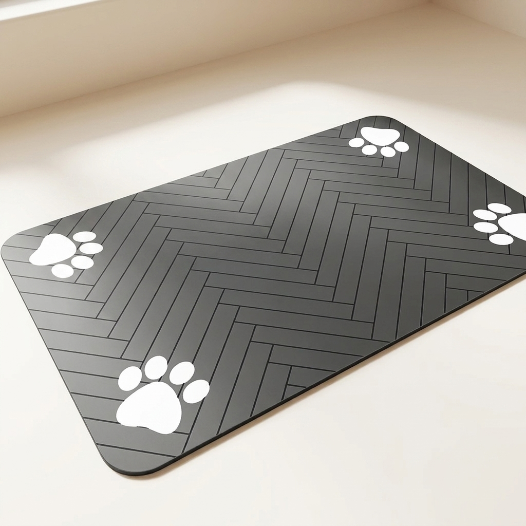 Alfombrilla absorbente gris para comedero, vista completa