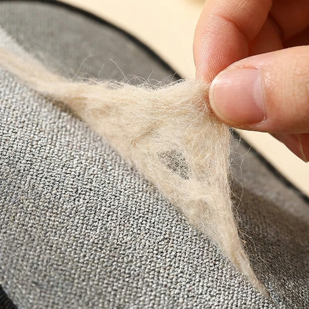 Detalle de la tela del guante con el pelo saliendo en una sola capa