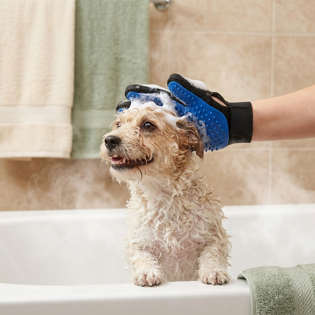 Bañando a un perro pequeño con el guante de silicona y espuma