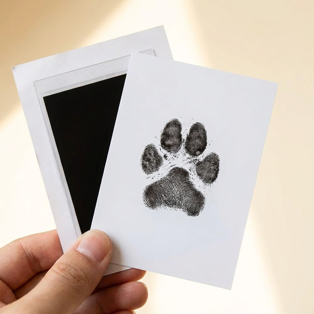 Huella de mascota nítida recién estampada en una tarjeta blanca