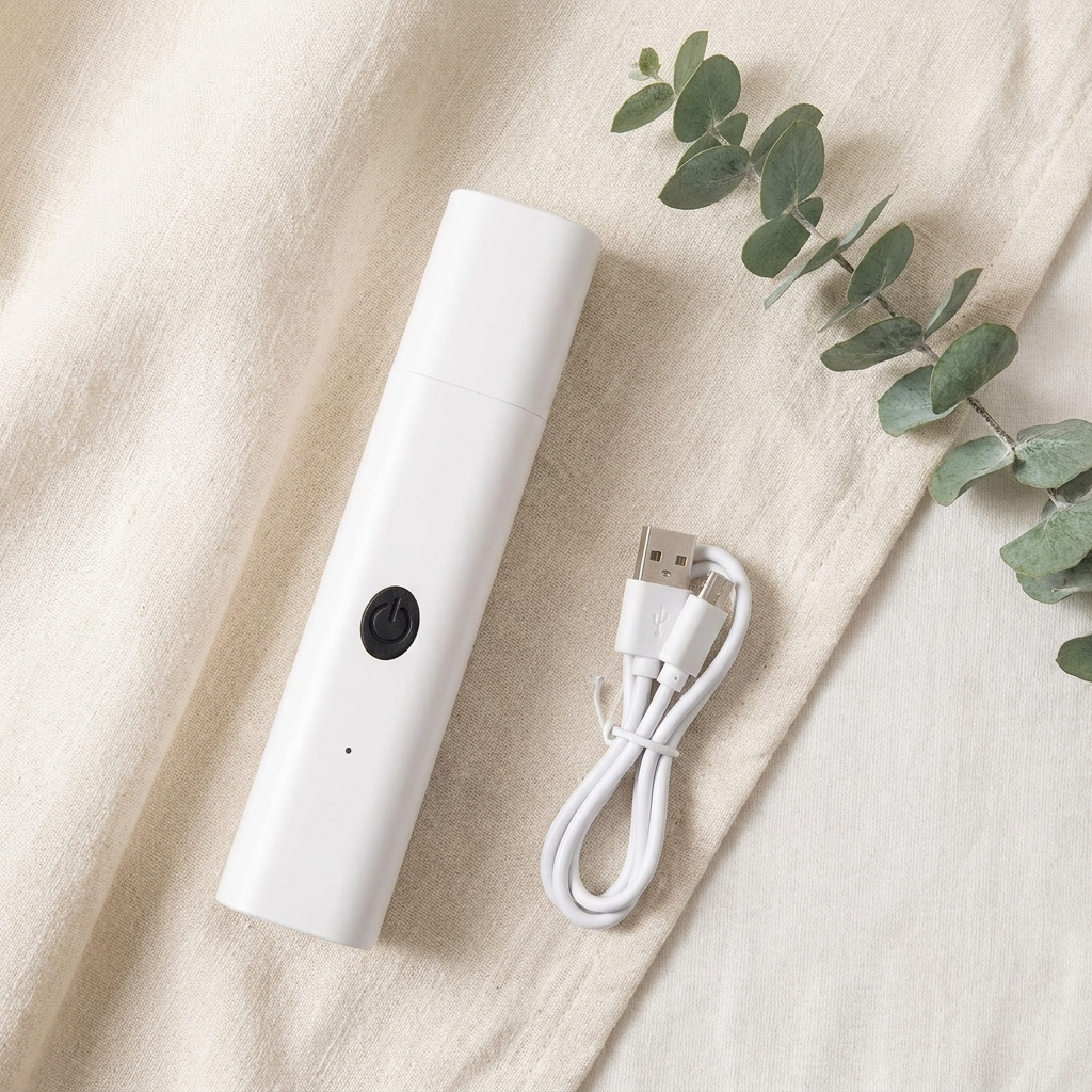 Cortaúñas eléctrico con su cable USB sobre lino crema