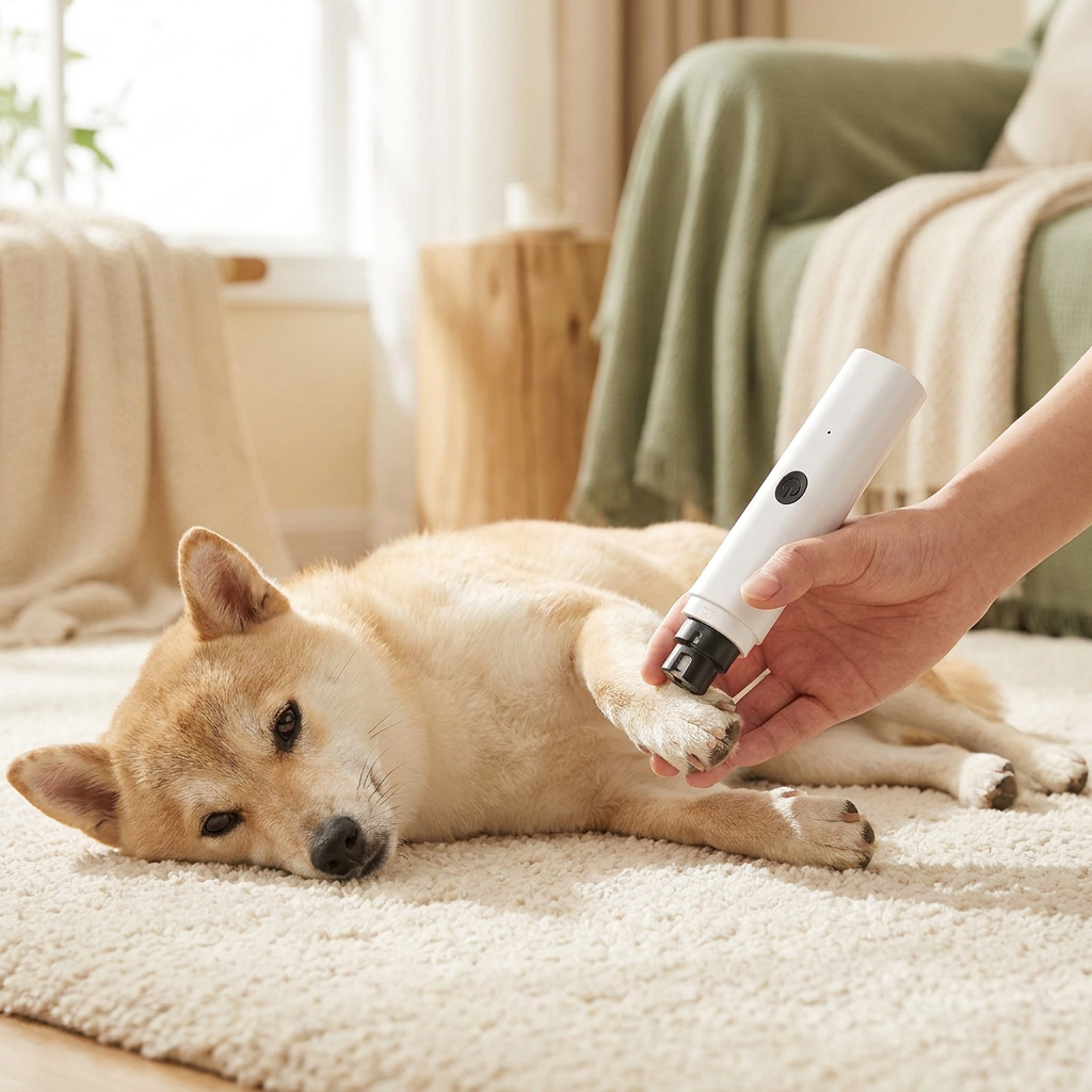 Limando las uñas de un perro tranquilo con el cortaúñas eléctrico