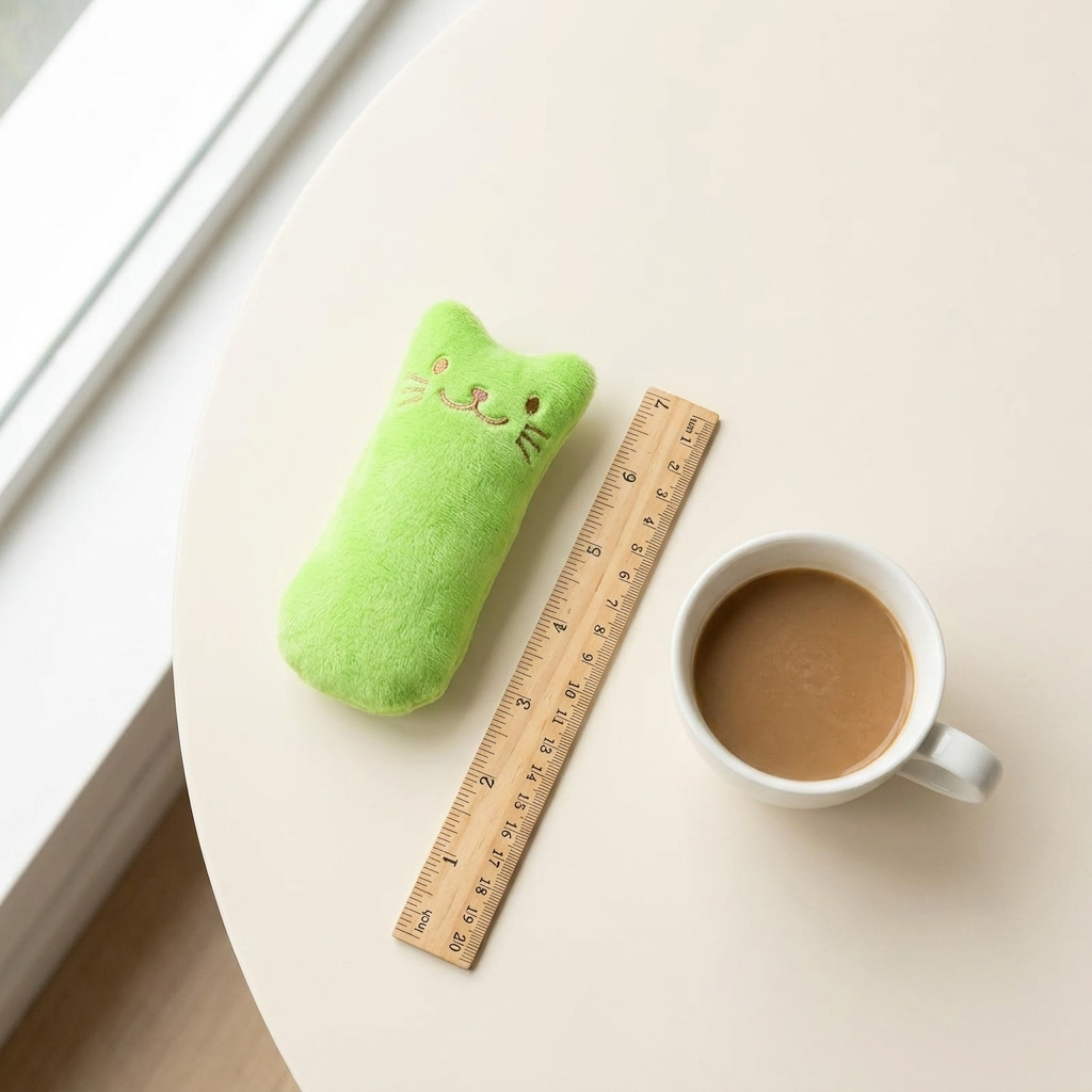 Tamaño del juguete comparado con una regla y una taza